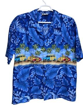 Vintage Aloha Republic Mens Hawaiian Shirt Blue, Woody Cars, 2XL EXCELLENT